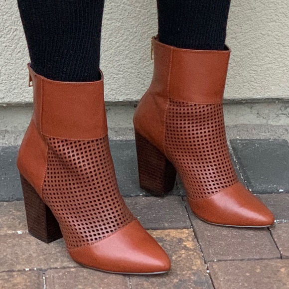 NIB Cognac Pointy Toe Perforated Heeled Boots - Picture 2 of 8